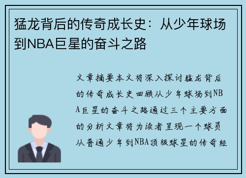 猛龙背后的传奇成长史：从少年球场到NBA巨星的奋斗之路